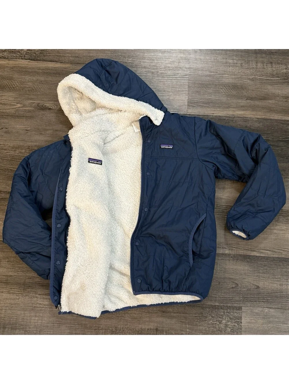 Patagonia Youth XL Jacket Ready Freddy Detach Hoodie Sz 14 Reversible Blue White